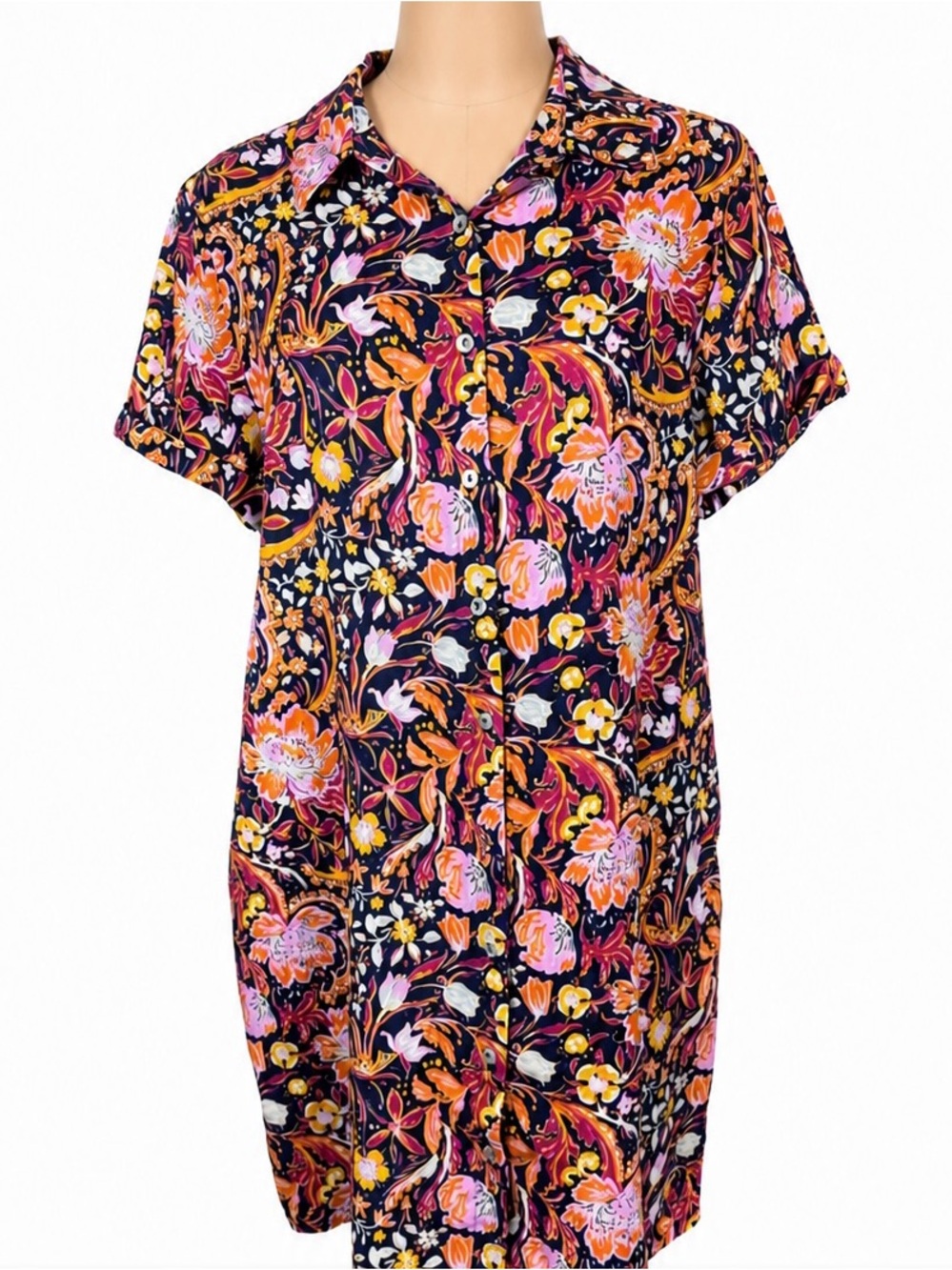 Tahari 100% Euro Linen Shirt Dress Lg Navy Floral Button Front Resort Vacation